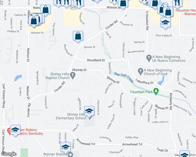 map of restaurants, bars, coffee shops, grocery stores, and more near 106 Morningside Drive in Warner Robins