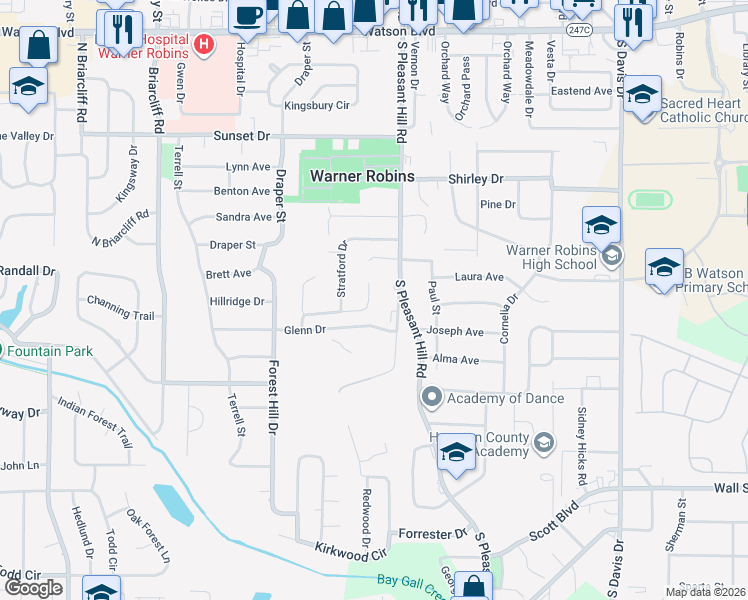 map of restaurants, bars, coffee shops, grocery stores, and more near 214 Oxford Lane in Warner Robins
