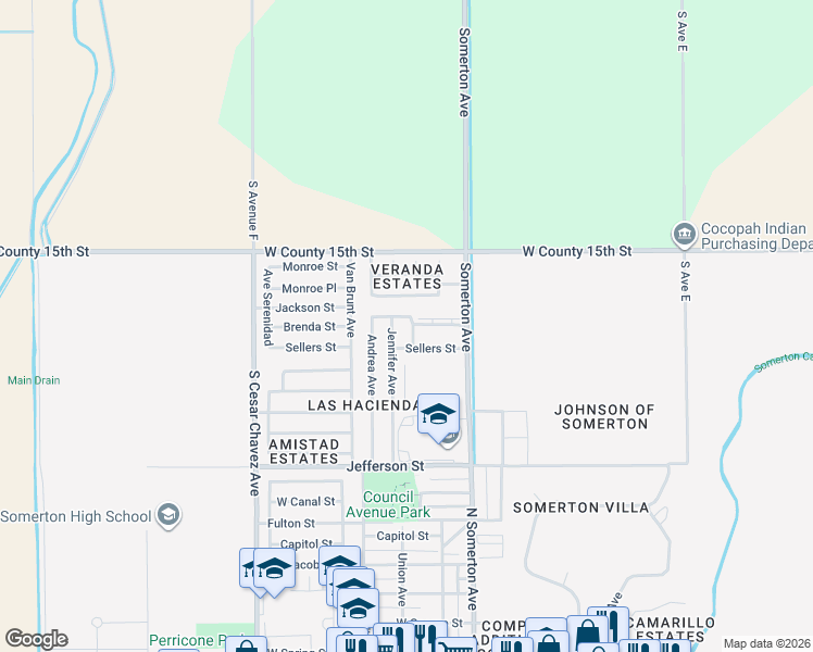 map of restaurants, bars, coffee shops, grocery stores, and more near 1301-1499 Daniela Avenue in Somerton