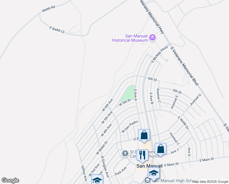 map of restaurants, bars, coffee shops, grocery stores, and more near 140 West 6th Avenue in San Manuel