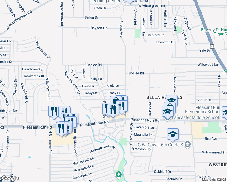 map of restaurants, bars, coffee shops, grocery stores, and more near 1029 Tracy Lane in Lancaster