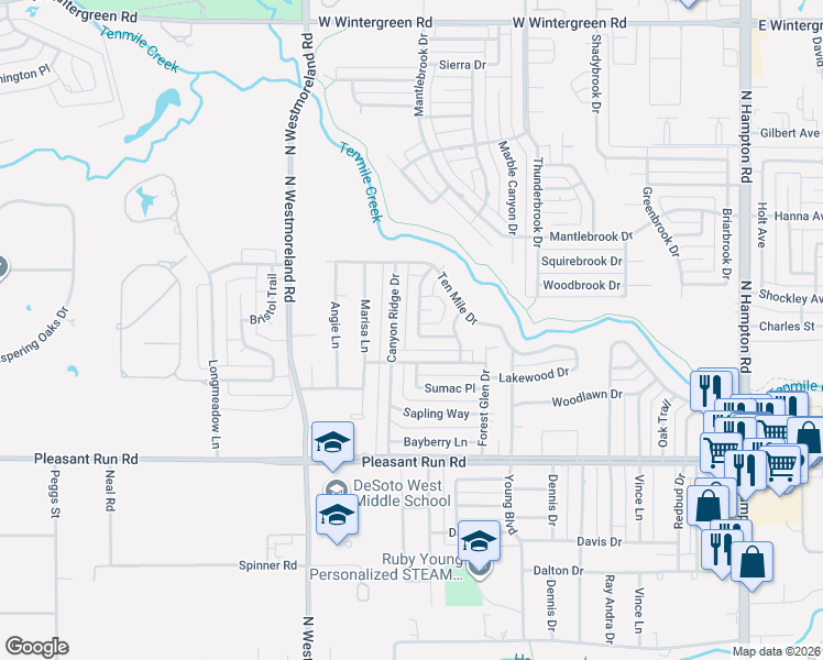 map of restaurants, bars, coffee shops, grocery stores, and more near 1005 Rising Ridge Drive in DeSoto