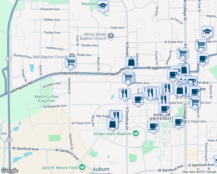 map of restaurants, bars, coffee shops, grocery stores, and more near 607 West Glenn Avenue in Auburn
