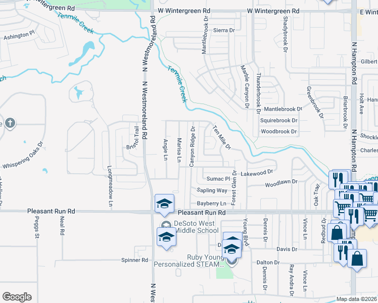 map of restaurants, bars, coffee shops, grocery stores, and more near 1017 Canyon Ridge Drive in DeSoto