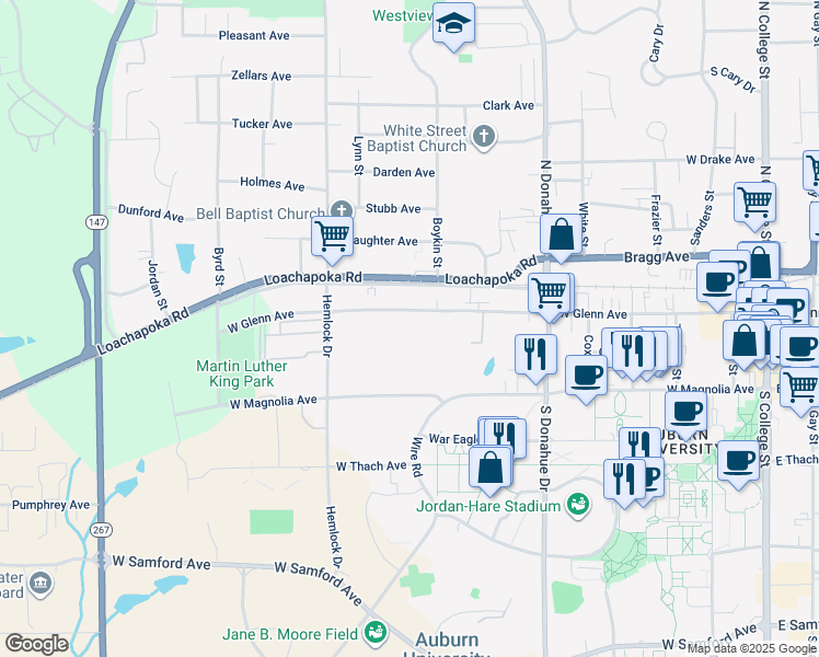 map of restaurants, bars, coffee shops, grocery stores, and more near 715 West Glenn Avenue in Auburn