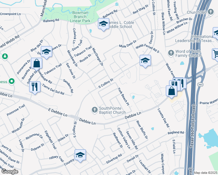 map of restaurants, bars, coffee shops, grocery stores, and more near 814 Moss Glen Trail in Arlington