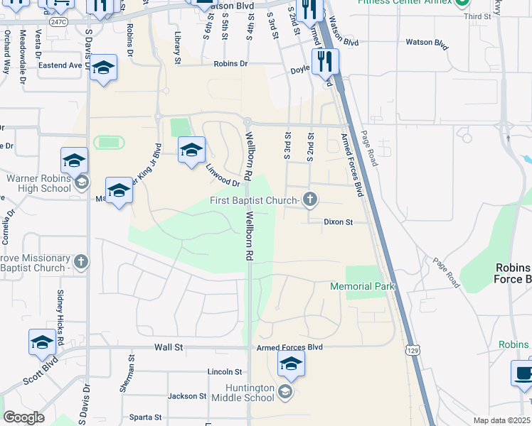 map of restaurants, bars, coffee shops, grocery stores, and more near 106 Wellborn Road in Warner Robins