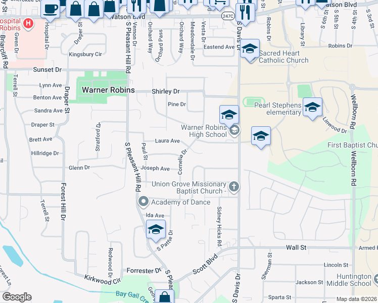 map of restaurants, bars, coffee shops, grocery stores, and more near 1213 Laura Ave in Warner Robins