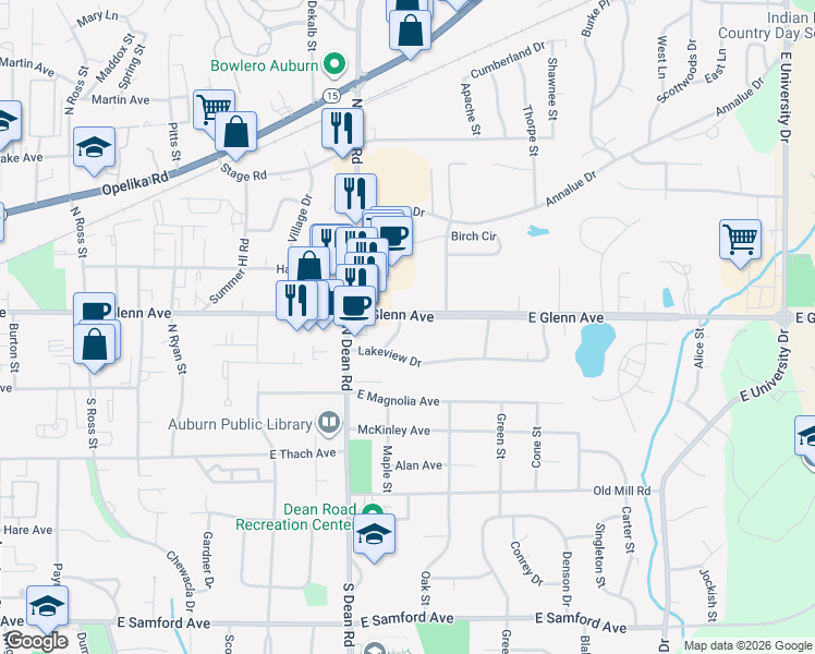map of restaurants, bars, coffee shops, grocery stores, and more near 904 East Glenn Avenue in Auburn