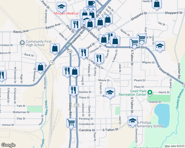 map of restaurants, bars, coffee shops, grocery stores, and more near 405 Midland Street in Minden