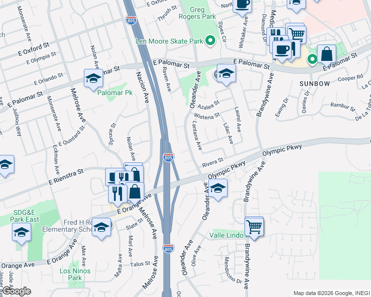 map of restaurants, bars, coffee shops, grocery stores, and more near 491 Quail Court in Chula Vista