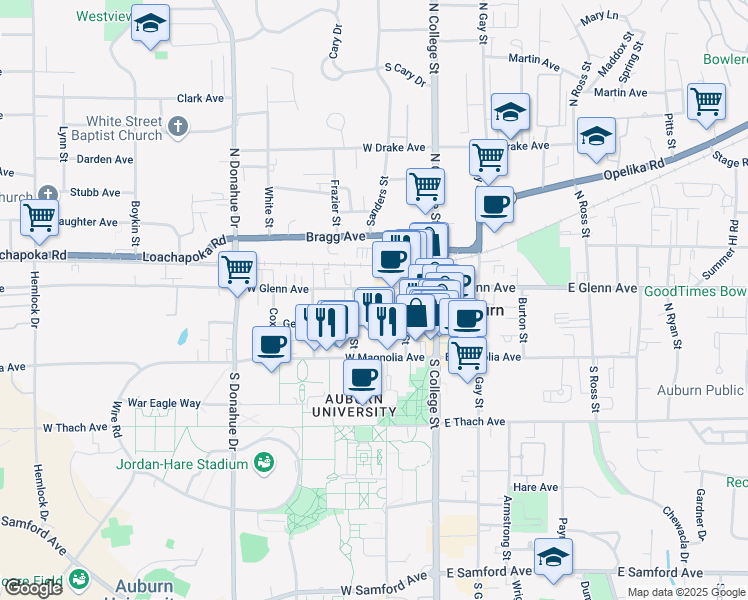 map of restaurants, bars, coffee shops, grocery stores, and more near 150 Toomer Street in Auburn
