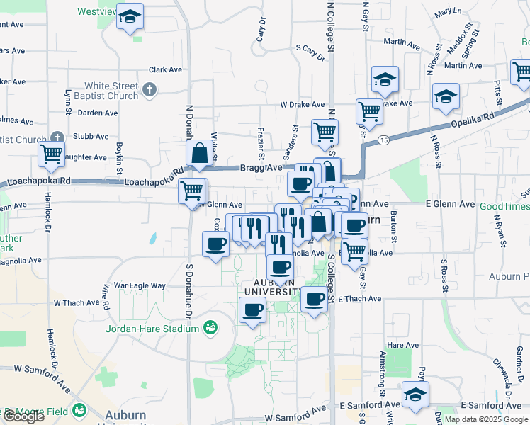 map of restaurants, bars, coffee shops, grocery stores, and more near 331 West Glenn Avenue in Auburn