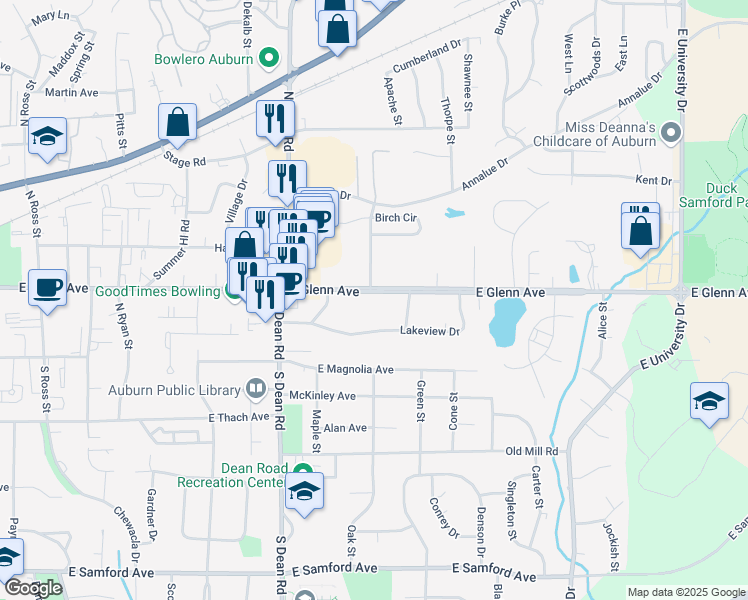 map of restaurants, bars, coffee shops, grocery stores, and more near 1004 East Glenn Avenue in Auburn
