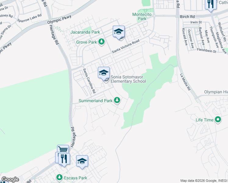 map of restaurants, bars, coffee shops, grocery stores, and more near 1818 Santa Christina Avenue in Chula Vista