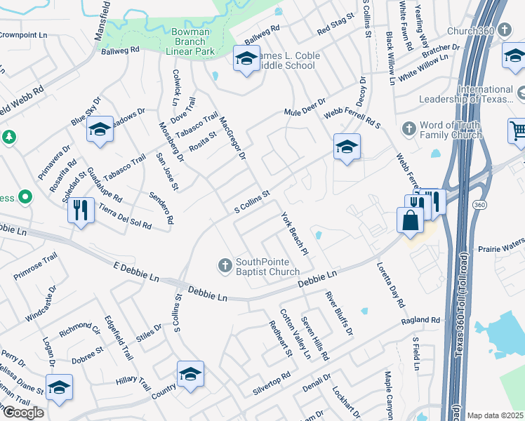 map of restaurants, bars, coffee shops, grocery stores, and more near 814 Moss Glen Trail in Arlington