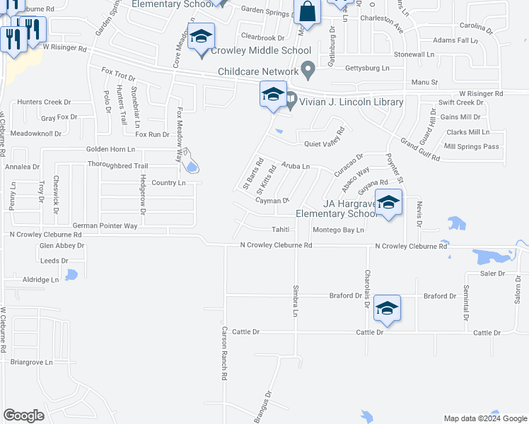 map of restaurants, bars, coffee shops, grocery stores, and more near 3516 Saint Vincent Road in Fort Worth
