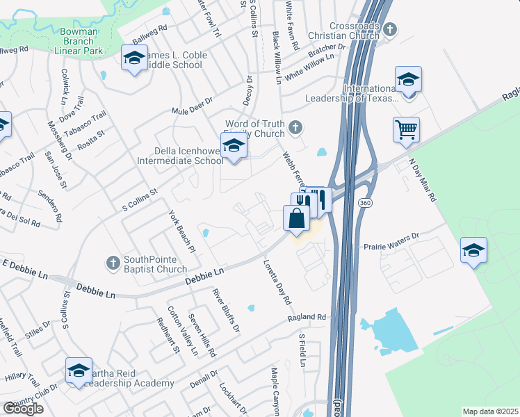 map of restaurants, bars, coffee shops, grocery stores, and more near 8224 Webb Ferrell Road in Arlington