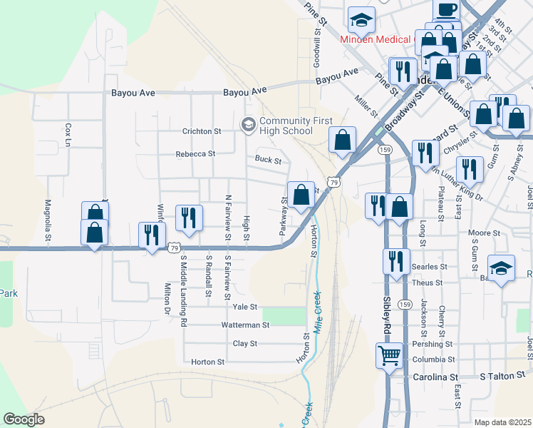 map of restaurants, bars, coffee shops, grocery stores, and more near 201-299 Parkway Street in Minden