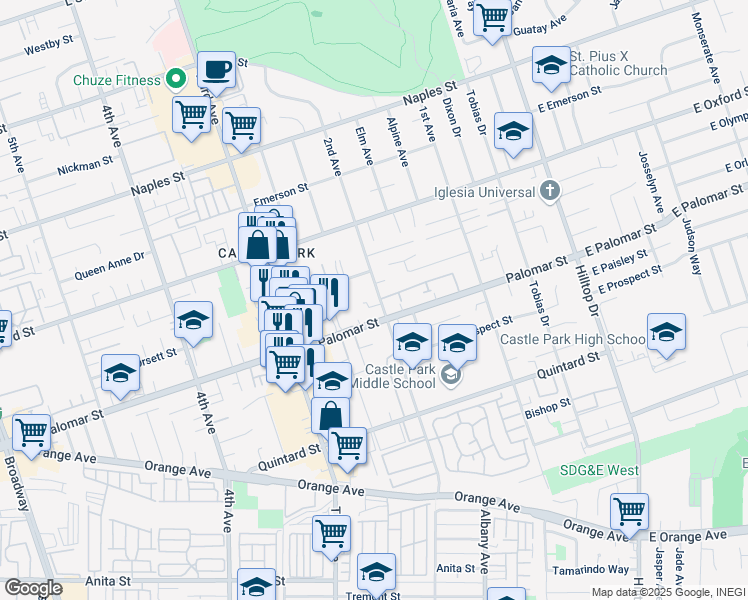 map of restaurants, bars, coffee shops, grocery stores, and more near 1282 2nd Avenue in Chula Vista
