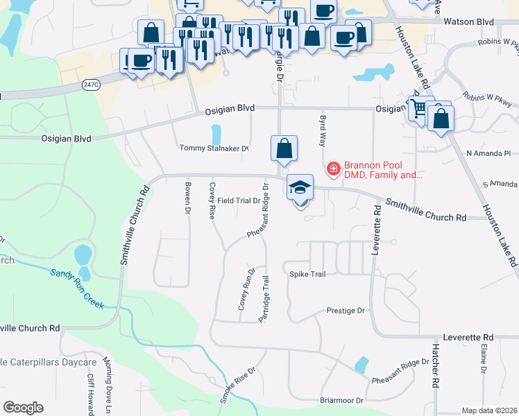 map of restaurants, bars, coffee shops, grocery stores, and more near 101 Field Trial Drive in Warner Robins