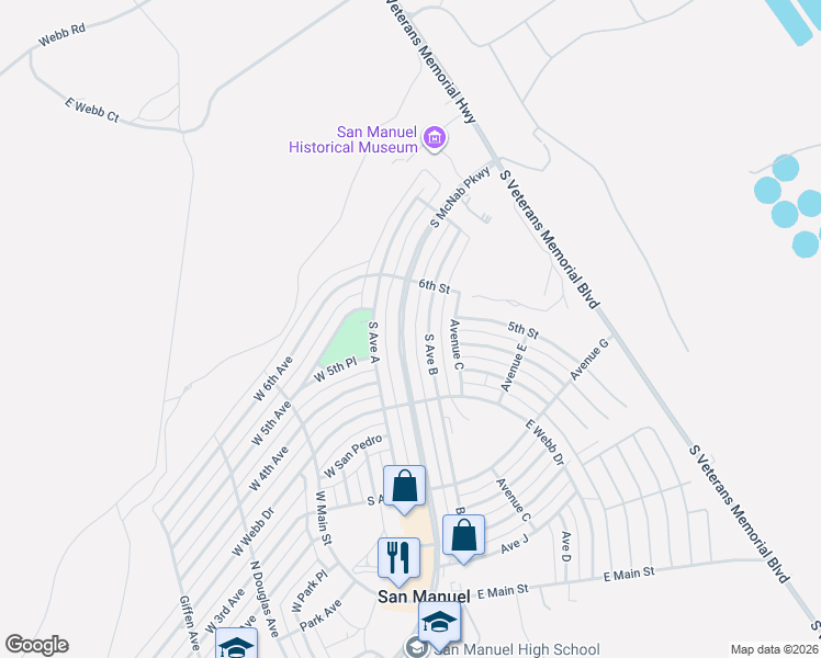map of restaurants, bars, coffee shops, grocery stores, and more near 218 South Avenue B in San Manuel