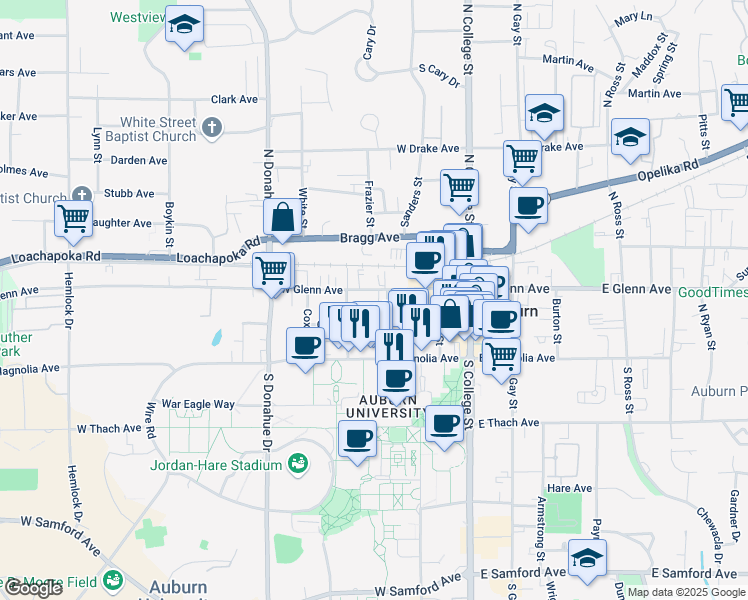 map of restaurants, bars, coffee shops, grocery stores, and more near 331 West Glenn Avenue in Auburn