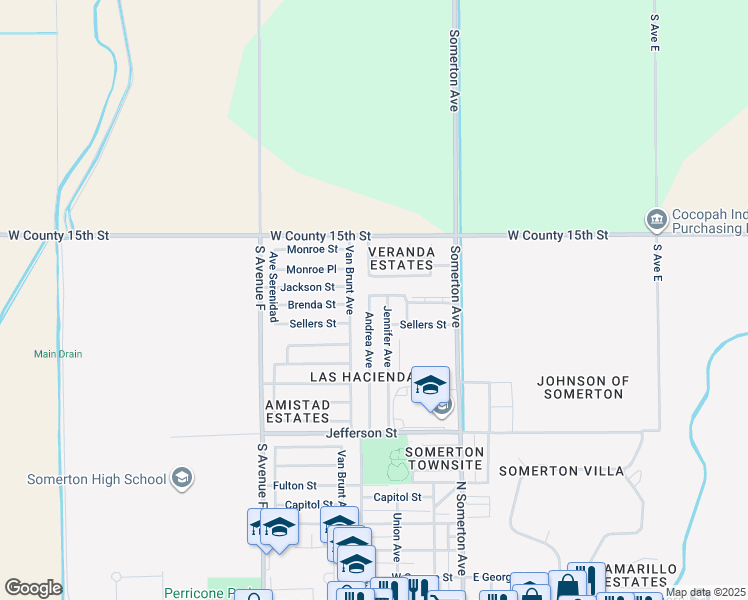 map of restaurants, bars, coffee shops, grocery stores, and more near 1403 Andrea Avenue in Somerton