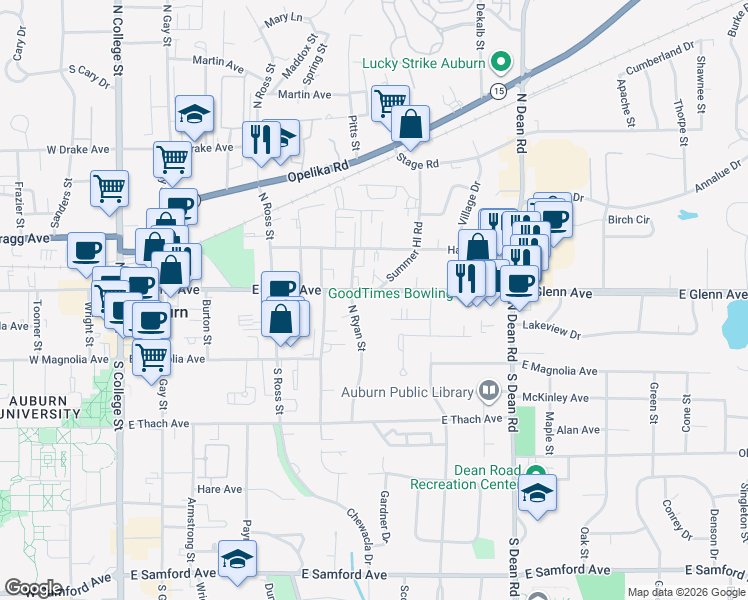 map of restaurants, bars, coffee shops, grocery stores, and more near 142 North Ryan Street in Auburn