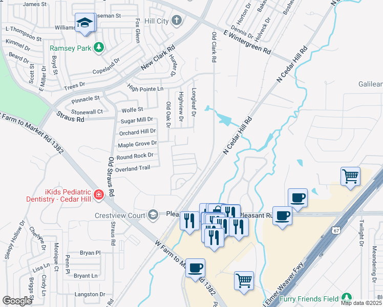 map of restaurants, bars, coffee shops, grocery stores, and more near 115 Crestway Drive in Cedar Hill