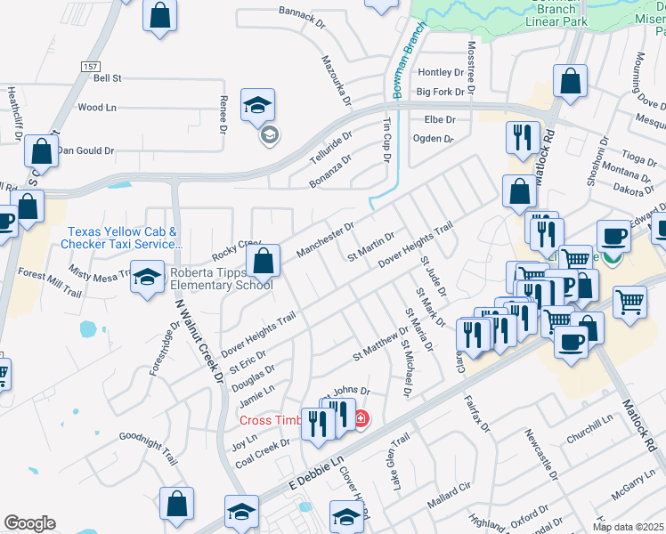 map of restaurants, bars, coffee shops, grocery stores, and more near 3007 Saint Lynda Drive in Mansfield