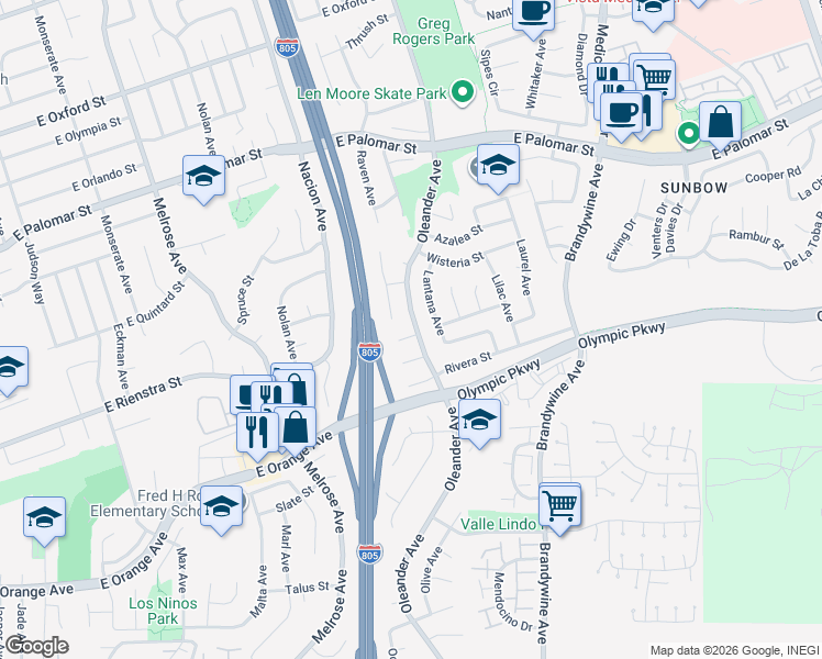 map of restaurants, bars, coffee shops, grocery stores, and more near 491 Quail Court in Chula Vista
