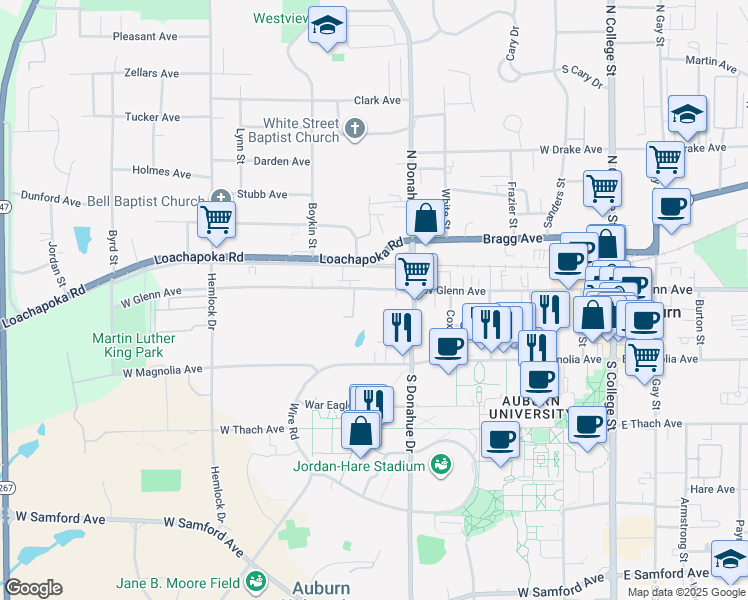 map of restaurants, bars, coffee shops, grocery stores, and more near 535 West Glenn Avenue in Auburn