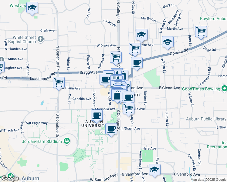map of restaurants, bars, coffee shops, grocery stores, and more near 165 North College Street in Auburn