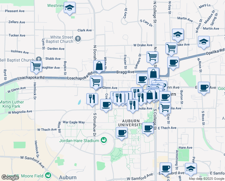 map of restaurants, bars, coffee shops, grocery stores, and more near 371 West Glenn Avenue in Auburn