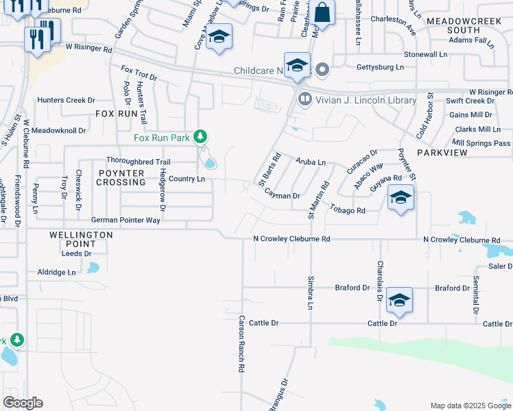 map of restaurants, bars, coffee shops, grocery stores, and more near 3609 Saint Vincent Road in Fort Worth