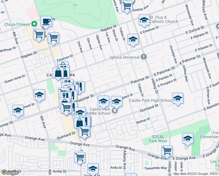 map of restaurants, bars, coffee shops, grocery stores, and more near 11 Palomar Street in Chula Vista