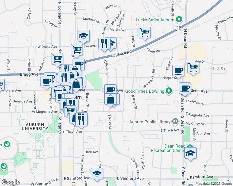 map of restaurants, bars, coffee shops, grocery stores, and more near 160 North Ross Street in Auburn