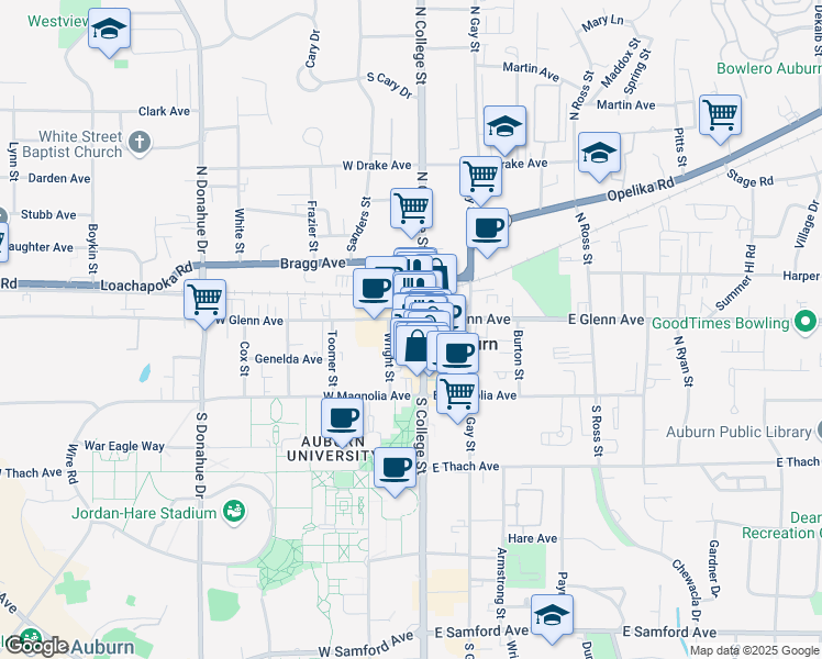 map of restaurants, bars, coffee shops, grocery stores, and more near 165 North College Street in Auburn