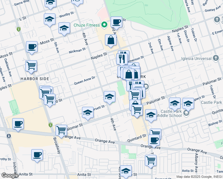 map of restaurants, bars, coffee shops, grocery stores, and more near 361 Oxford Street in Chula Vista