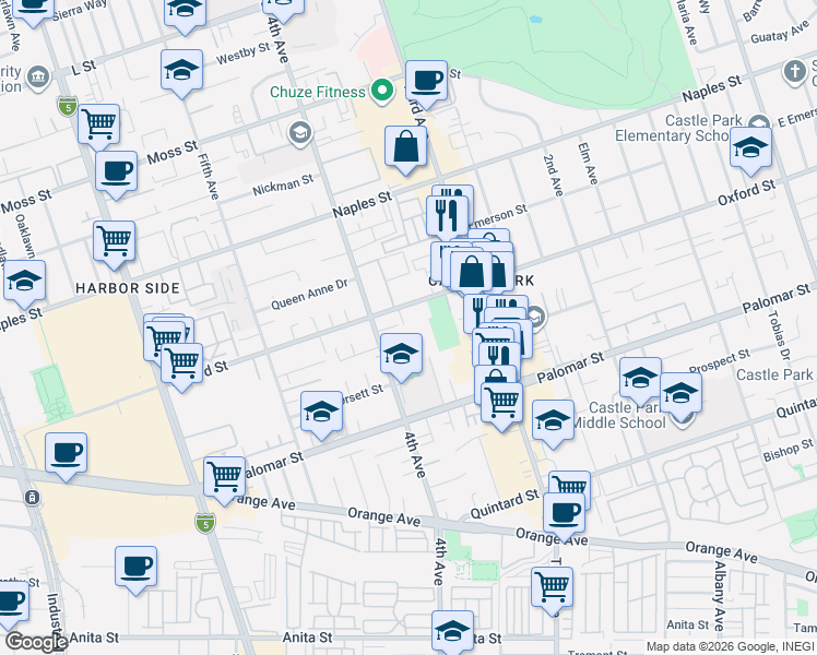 map of restaurants, bars, coffee shops, grocery stores, and more near 361 Oxford Street in Chula Vista