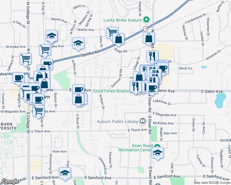 map of restaurants, bars, coffee shops, grocery stores, and more near 612 East Glenn Avenue in Auburn