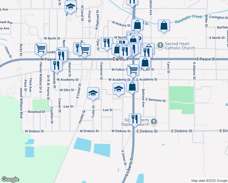 map of restaurants, bars, coffee shops, grocery stores, and more near 307 East Otto Street in Canton