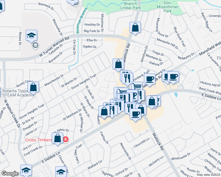 map of restaurants, bars, coffee shops, grocery stores, and more near 3251 Matlock Road in Mansfield