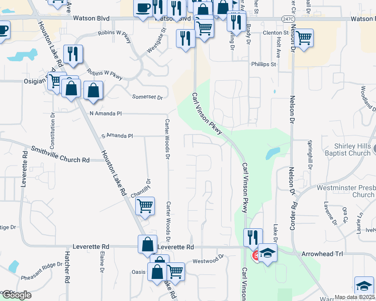 map of restaurants, bars, coffee shops, grocery stores, and more near 105 Verona Court in Warner Robins