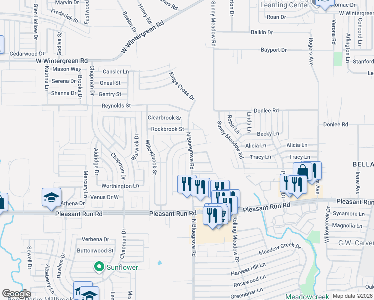 map of restaurants, bars, coffee shops, grocery stores, and more near 1487 Brook Meadow Circle in Lancaster