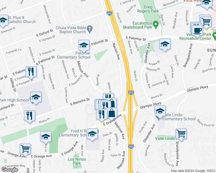 map of restaurants, bars, coffee shops, grocery stores, and more near 1420 Nolan Avenue in Chula Vista