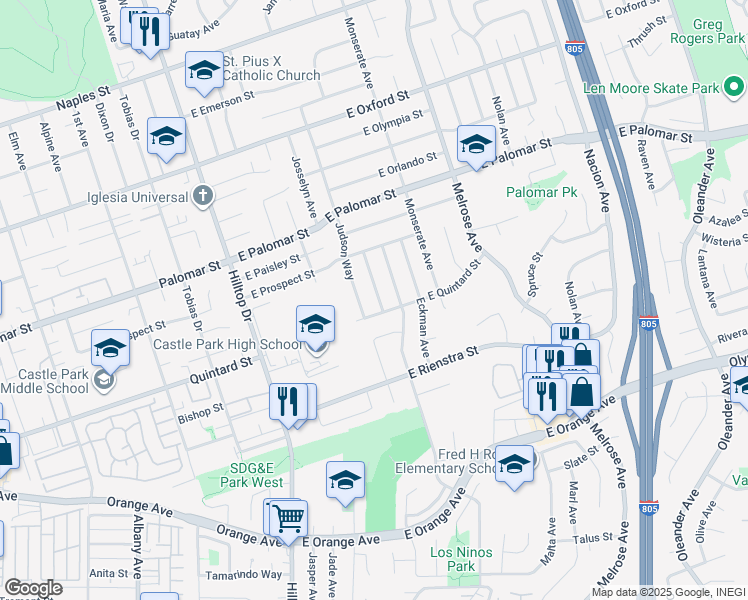 map of restaurants, bars, coffee shops, grocery stores, and more near 1398 Theresa Way in Chula Vista