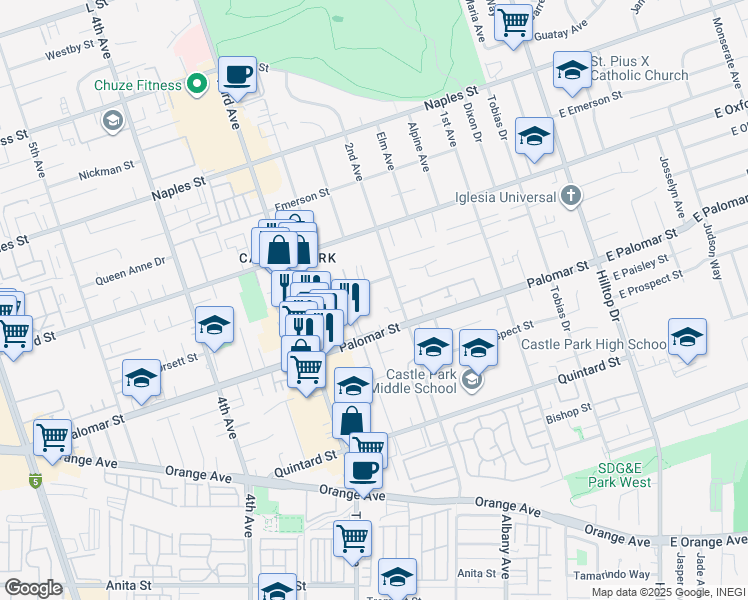 map of restaurants, bars, coffee shops, grocery stores, and more near 250 Kennedy Street in Chula Vista