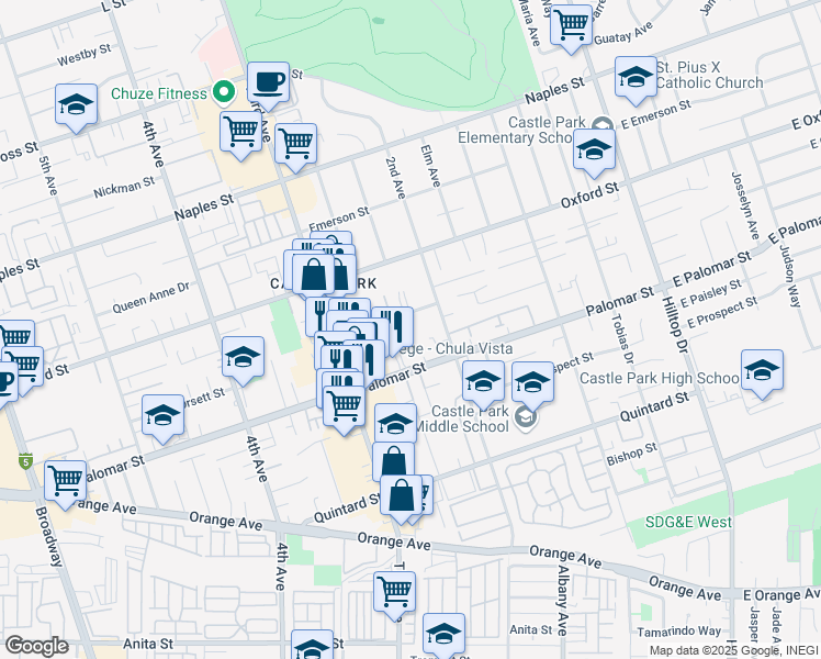 map of restaurants, bars, coffee shops, grocery stores, and more near 250 Kennedy Street in Chula Vista